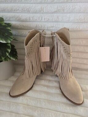 Olivia & Kate Beige Suede Fringe Ankle Booties
